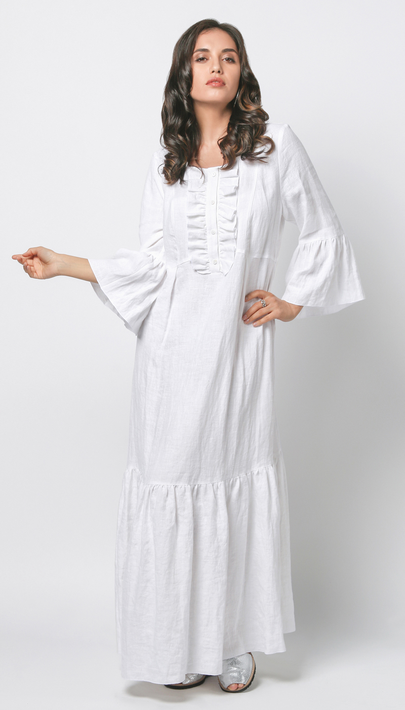 Длинное белое льняное платье