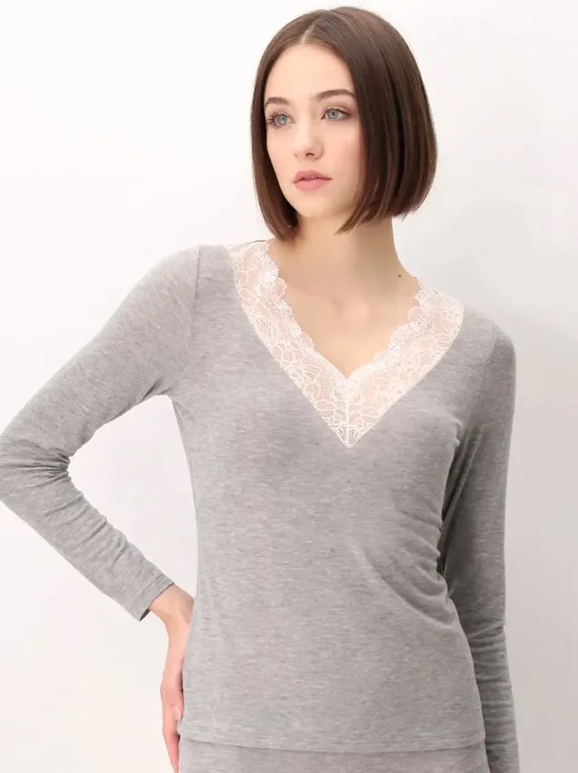 Лонгслив с кружевом Oroblu Perfect Cashmere - grey melange Лонгслив с кружевом Oroblu Perfect Cashmere - grey melange