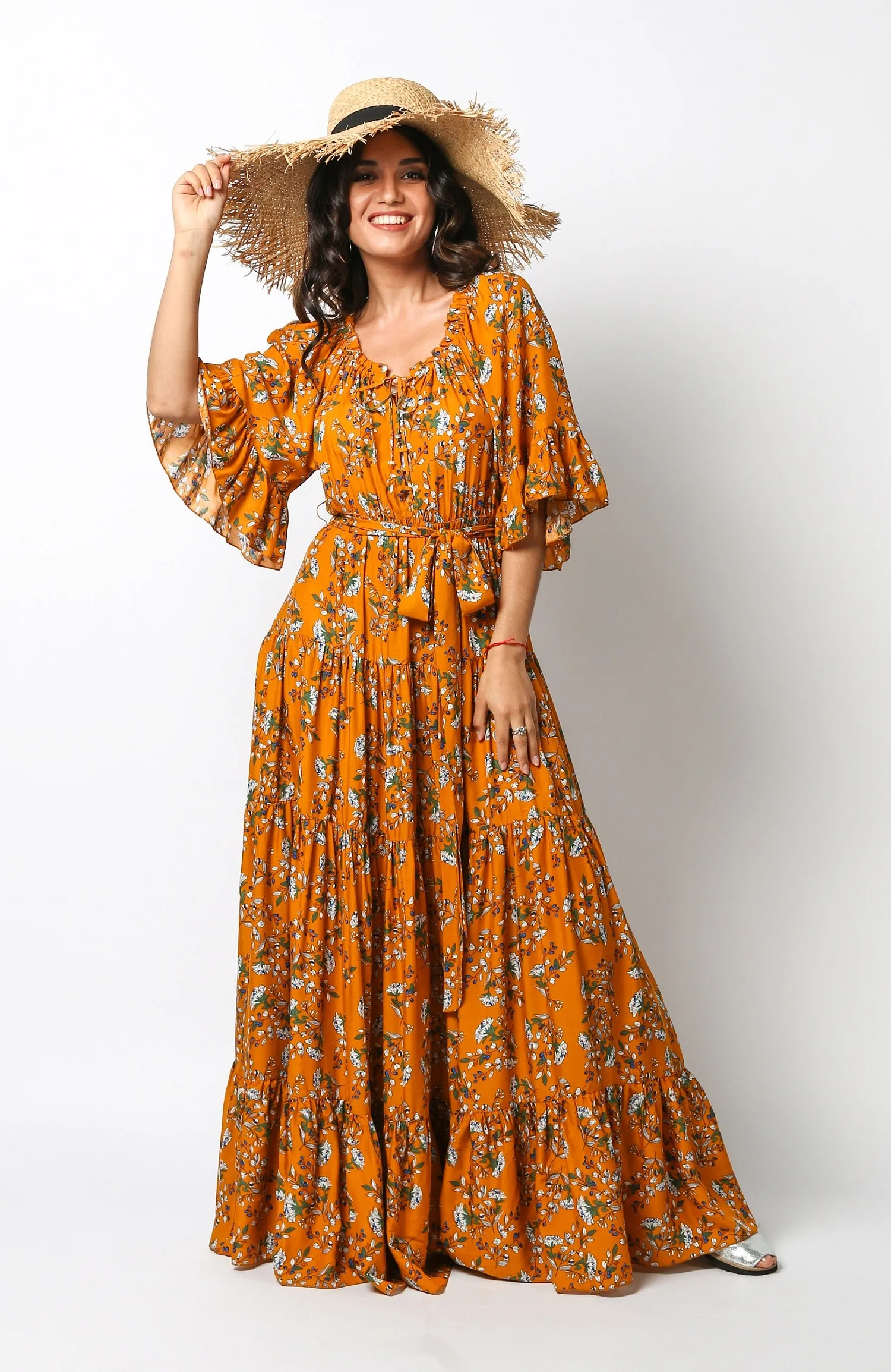 Платье длинное с воланами Carmela горчица #PRICE# - купить с доставкой по Москве, России, оплата при получении