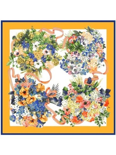 Итальянский платок Летний сад - 90×90, шелк 100% - медовый / синий