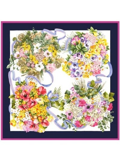 Итальянский платок Летний сад - 90×90, шелк 100% - темно-синий / розовый