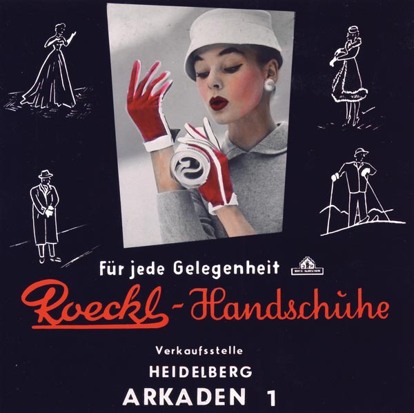 Рекламный мотив Roeckl, 1958 год. Roeckl - европейский лидер по производству элитных перчаток, шарфов, платков и аксессуаров